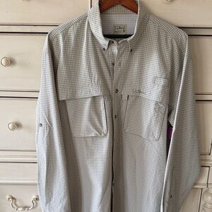 L.L. Bean Men's Plaid Button-Down Shirt - Cream and Gray fishing shirt. EUC!